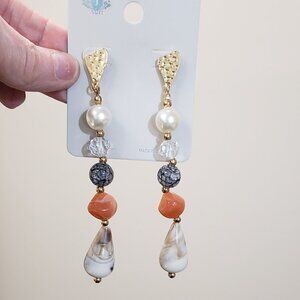 J Juliet, NWT, Gold, pearl, multi gemstone beaded dangle earrings